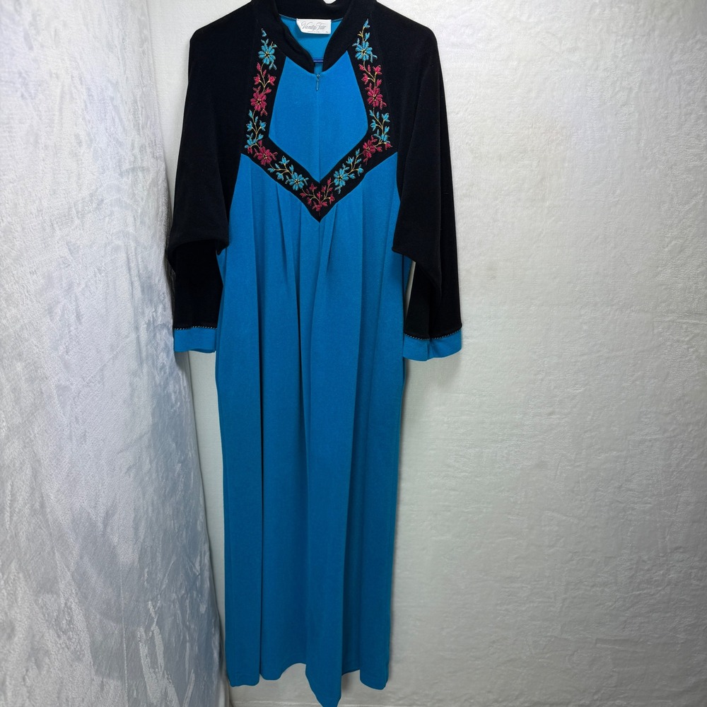 VTG Vanity Fair XL Blue Black Velour Maxi Zip Up Robe Colorblock Mock Neck